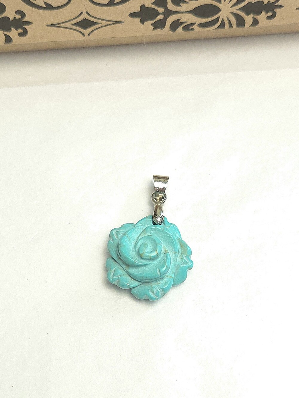 Hand Carved Turquoise Stone Flower 18K Gold Plated Pendant or Charm Signed 18KGP